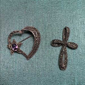 Sterling marcasite heart pin and cross pendant ❣️